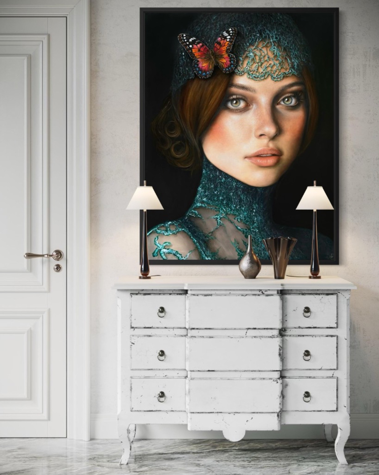 Annabelle — realistic portrait with teal lace headpiece and monarch butterfly