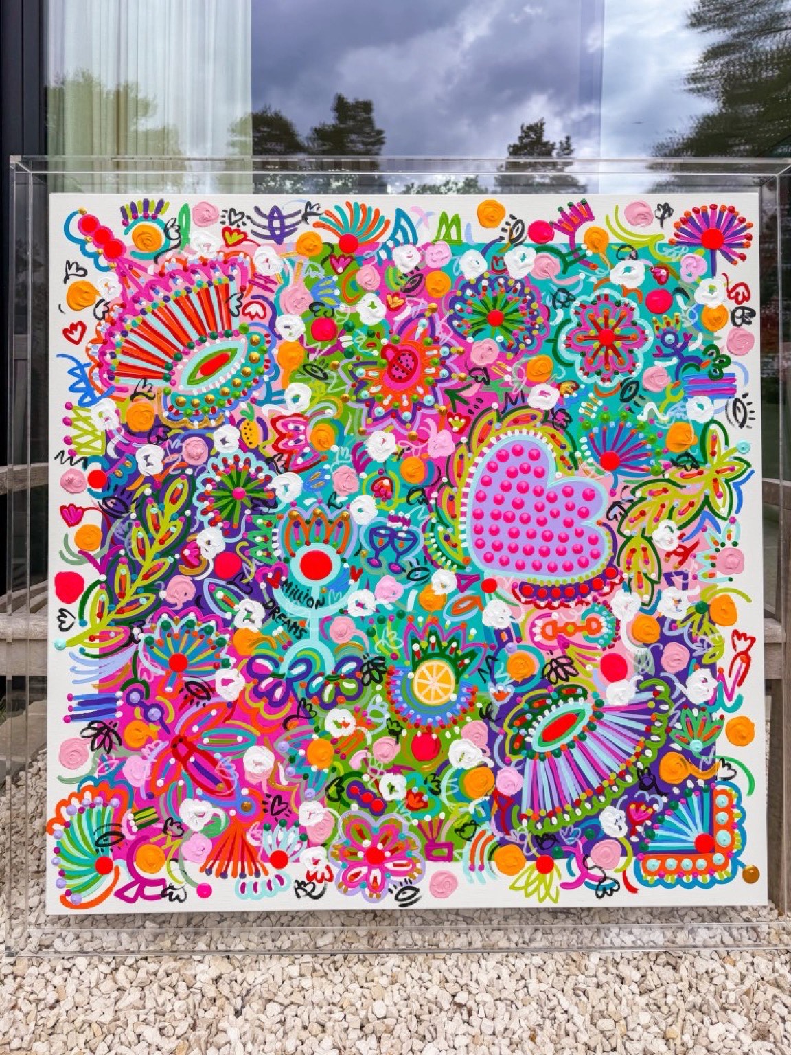 Barbara Cox — A Million Dreams, vibrant impasto Contemporary Art with hearts, flowers and eyes