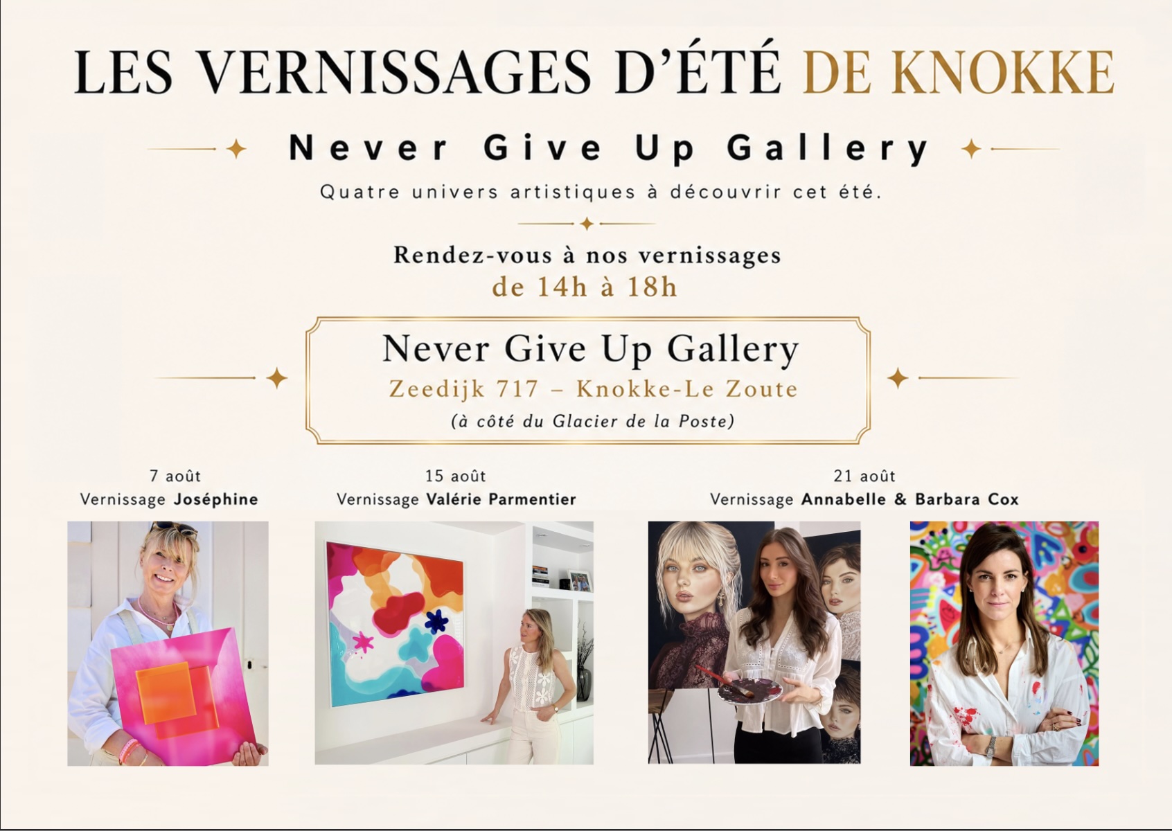 Large abstract paintings installed on white walls in Never Give Up Gallery