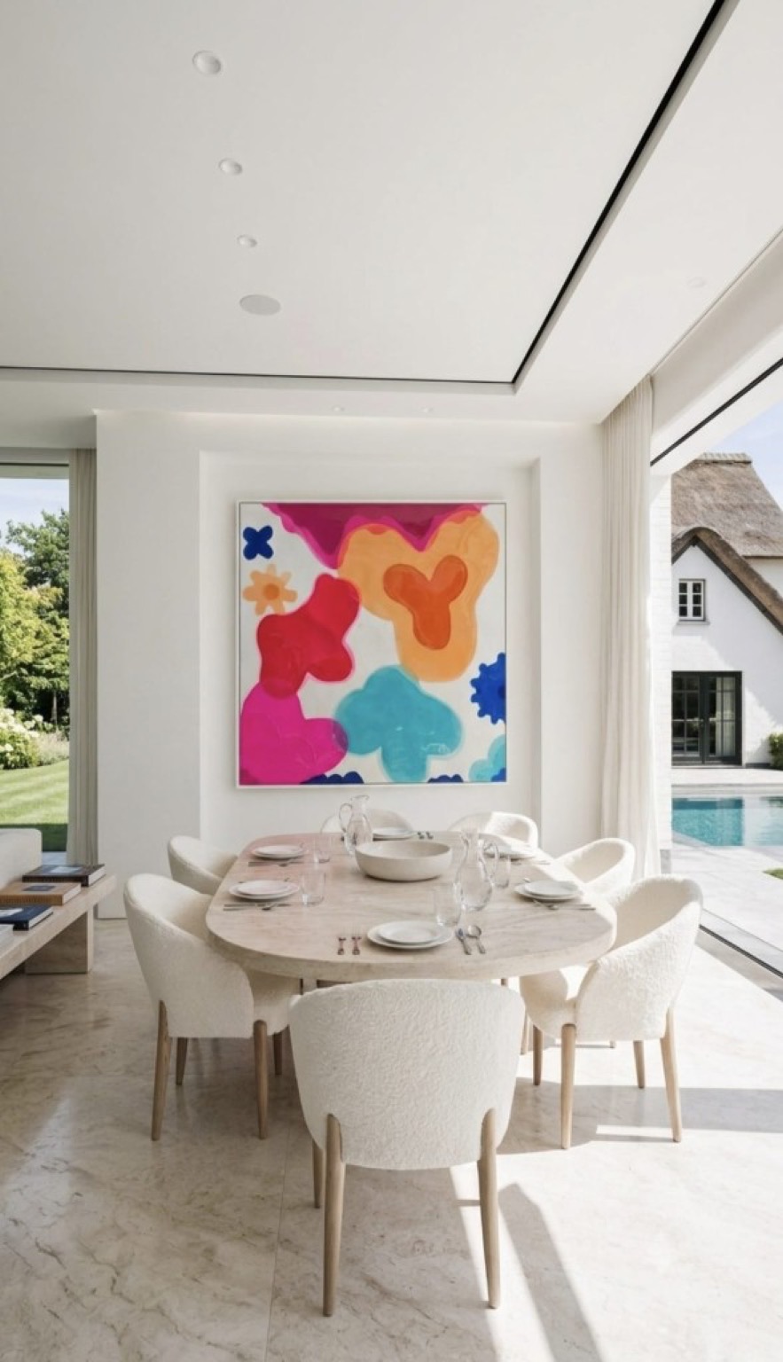 Valérie Parmentier colourful resin painting above a dining room with sea view