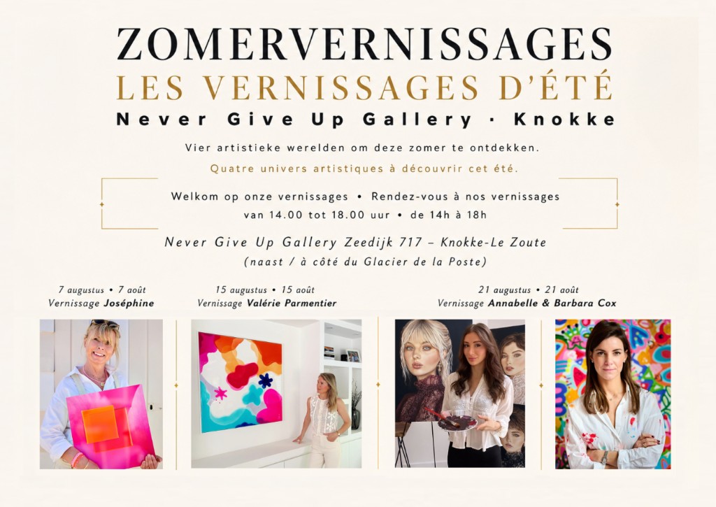 Les Vernissages d’été 2026 poster — Never Give Up Gallery, Knokke