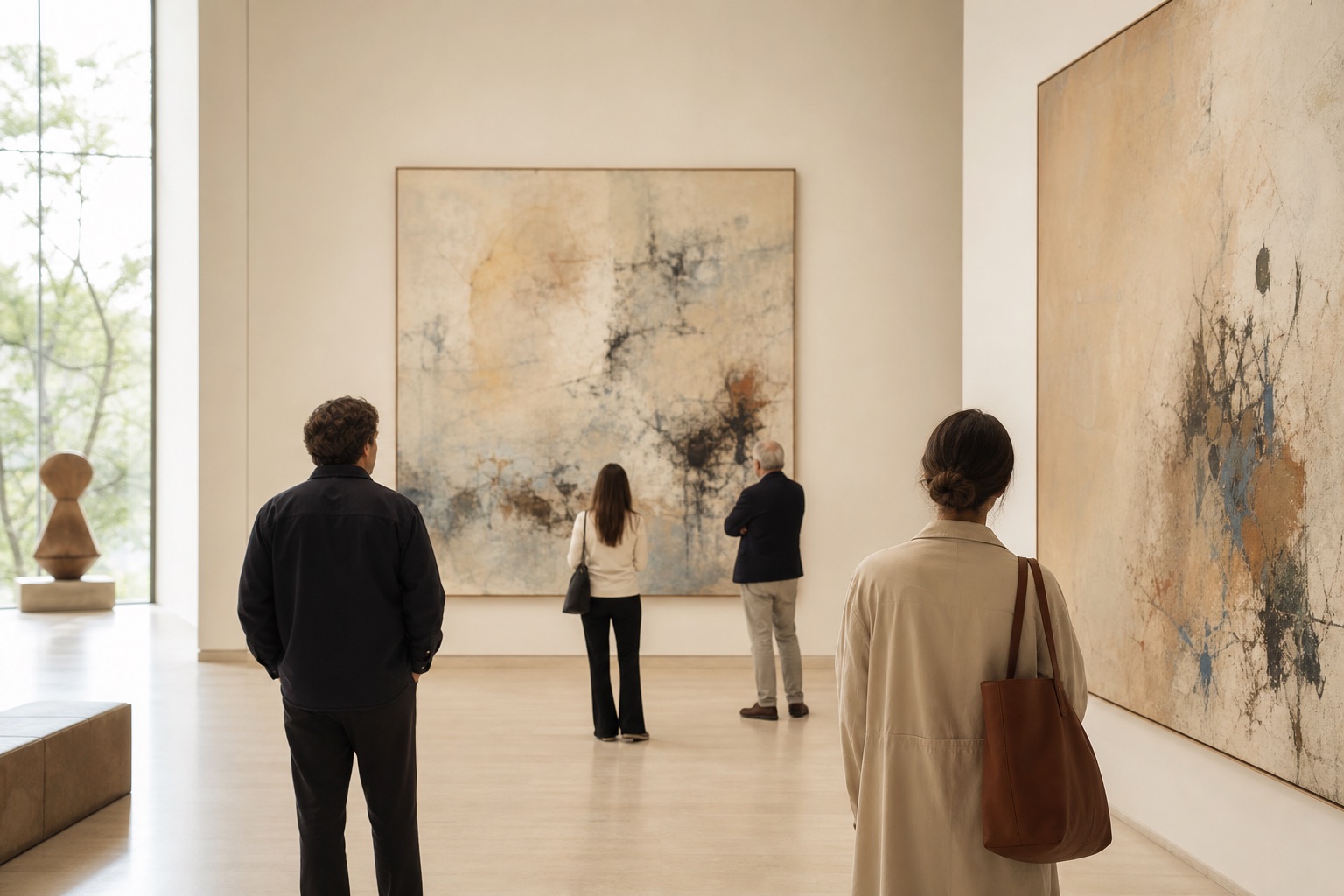 Visitors quietly admiring large paintings in Never Give Up Gallery